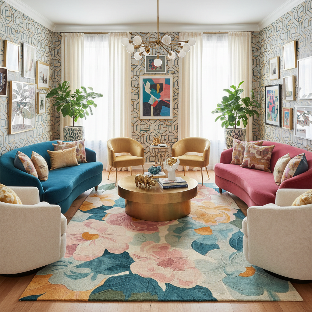Living room with colorful furniture and a floral rug