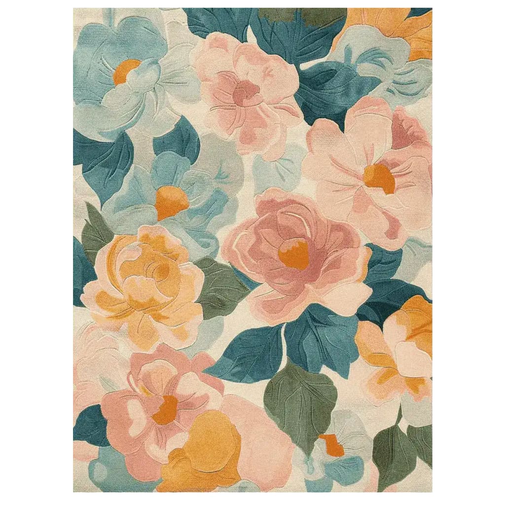 Bloom Blaze Hand Tufted Area Rug featuring a vibrant floral design with pink, yellow, and blue flowers. This contemporary wool rug adds a lively touch to any living room area, ideal for modern home decor enthusiasts.