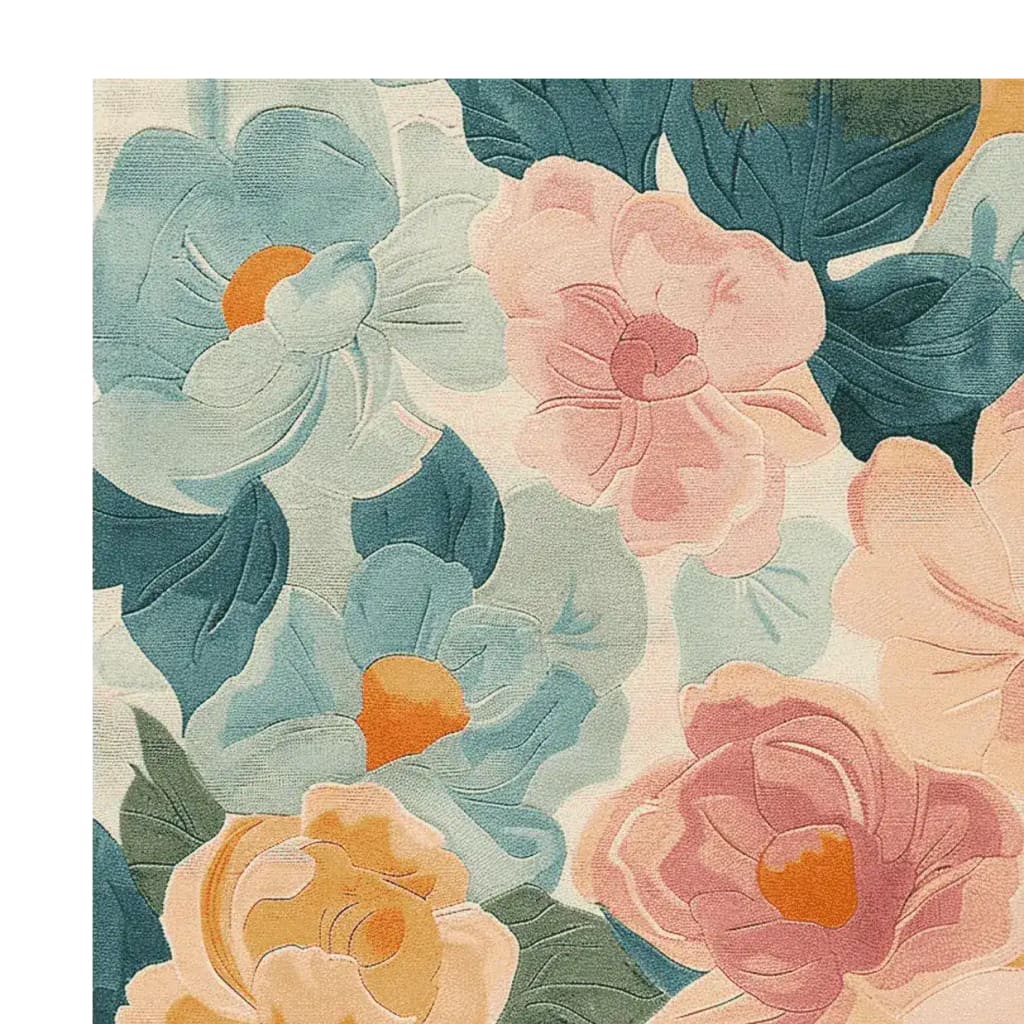 A vibrant hand-tufted area rug featuring an array of large, colorful flowers in pastel blue, pink, and peach tones. This contemporary wool rug is perfect for adding a touch of elegance to any living room area.
