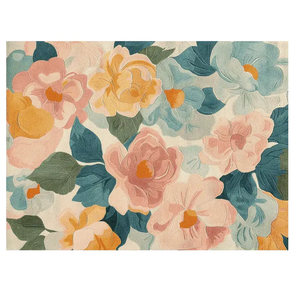 This vibrant area rug, perfect for a contemporary living room, features a hand-tufted floral design with bold, colorful petals in shades of pink, yellow, and blue. Crafted from wool, this rug adds a lively touch to any space.