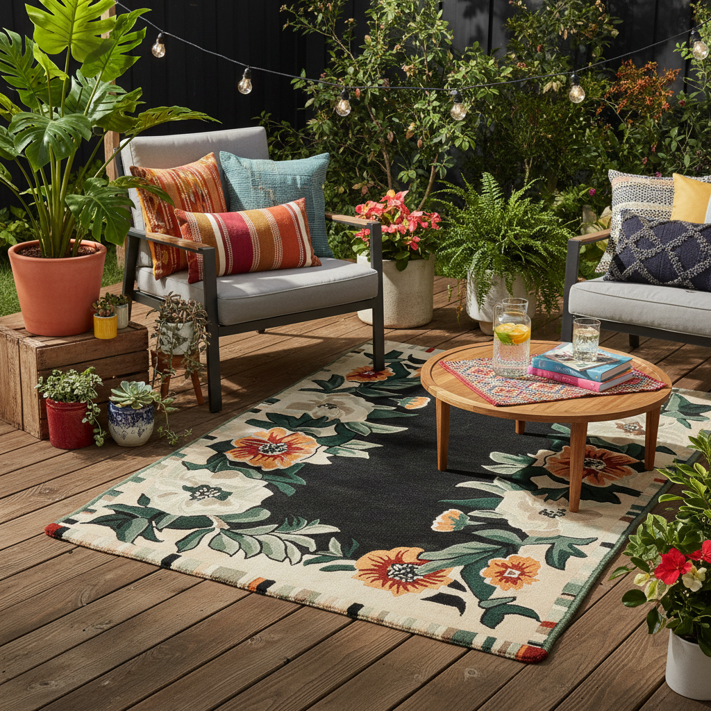 Outdoor patio with furniture, plants, and a colorful rug on a wooden deck.