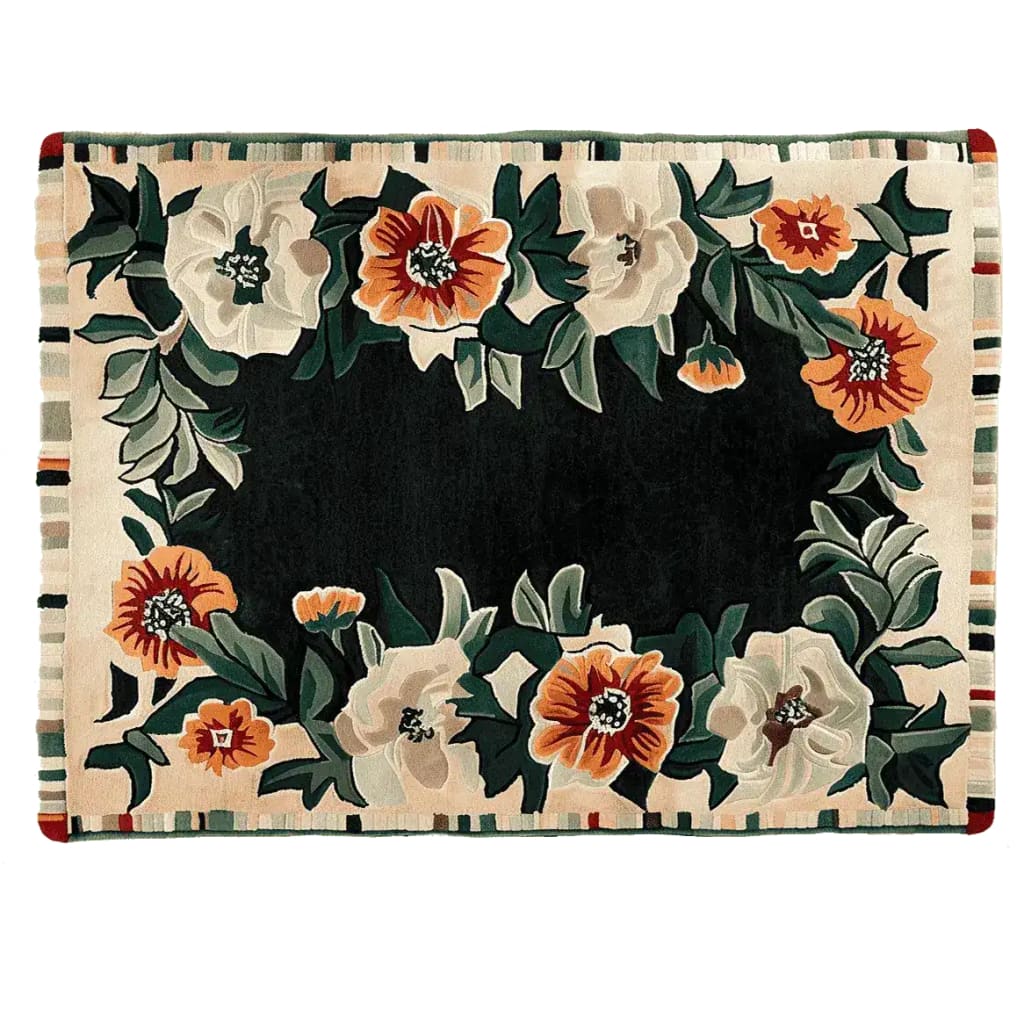 A beautifully designed Bloom Border Hand Tufted Area Rug featuring vibrant floral patterns in orange, white, and green hues. Perfect for enhancing living room decor, this wool rug adds a touch of elegance and sophistication to any space.