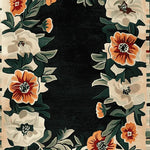 A vibrant Bloom Border Hand Tufted Area Rug featuring a striking floral design with lush green leaves and vivid orange and white flowers on a deep, dark background. This wool rug adds a touch of elegance to any living room, making it a perfect choice for those seeking stylish living room area rugs with a floral motif.