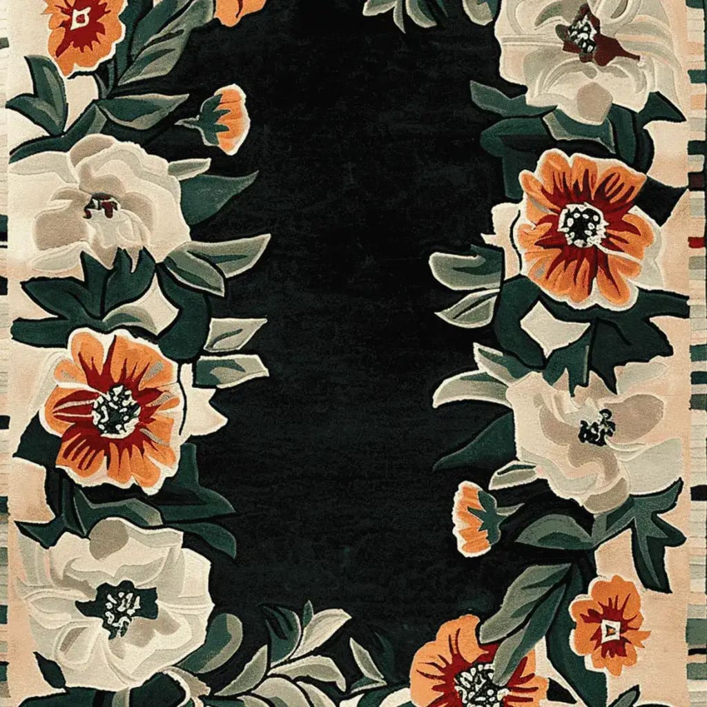A vibrant Bloom Border Hand Tufted Area Rug featuring a striking floral design with lush green leaves and vivid orange and white flowers on a deep, dark background. This wool rug adds a touch of elegance to any living room, making it a perfect choice for those seeking stylish living room area rugs with a floral motif.