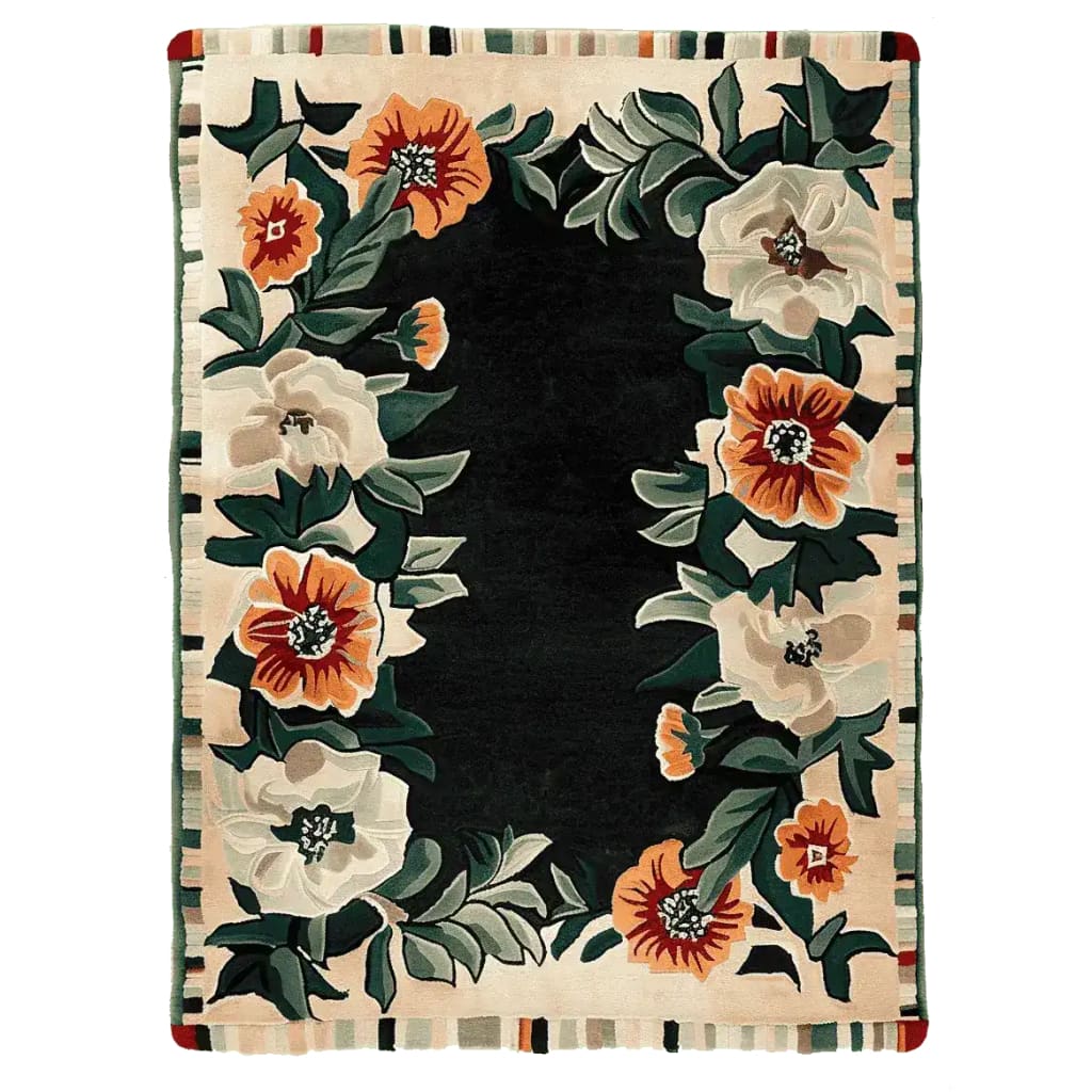 This beautiful Bloom Border Hand Tufted Rug showcases a vibrant floral design, perfect for enhancing living room decor. The area rug features lush blooms in earthy tones set against a dark background, making it an ideal wool rug choice for those seeking elegant floral rugs to complement their living space.
