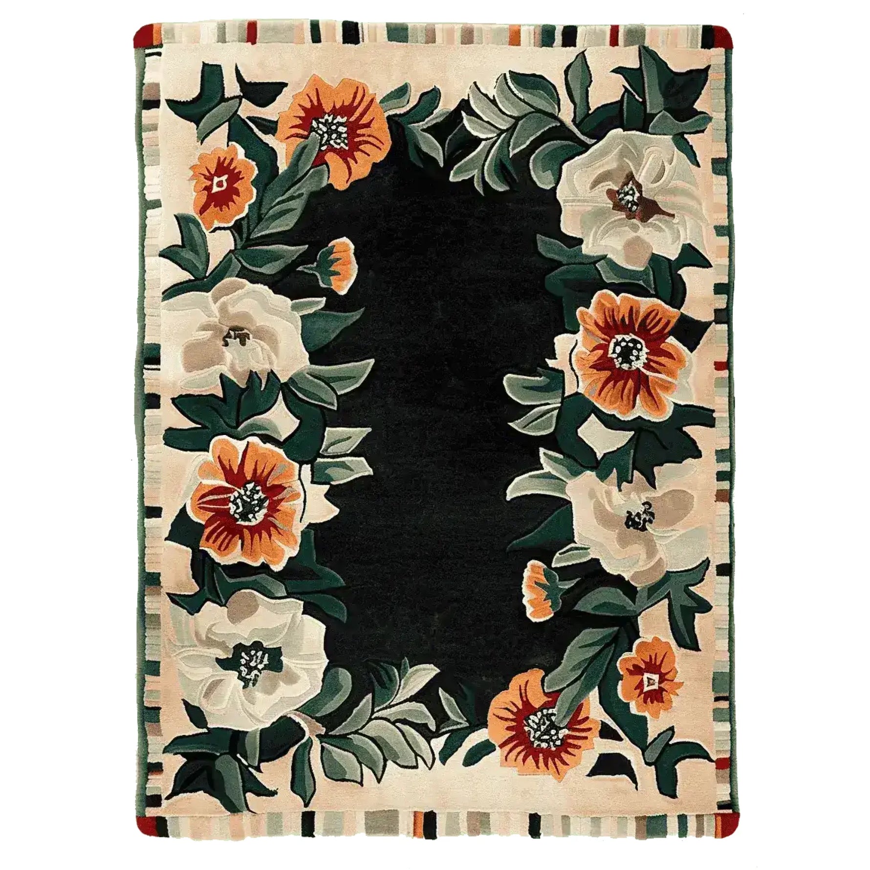 This beautiful Bloom Border Hand Tufted Rug showcases a vibrant floral design, perfect for enhancing living room decor. The area rug features lush blooms in earthy tones set against a dark background, making it an ideal wool rug choice for those seeking elegant floral rugs to complement their living space.
