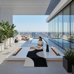 Modern rooftop terrace with city skyline view, fire pits, and a person sitting on a wool rug using a tablet.