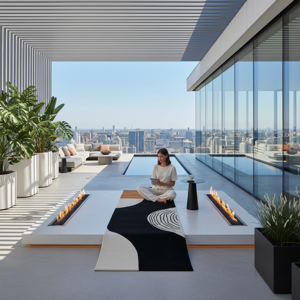 Modern rooftop terrace with city skyline view, fire pits, and a person sitting on a wool rug using a tablet.