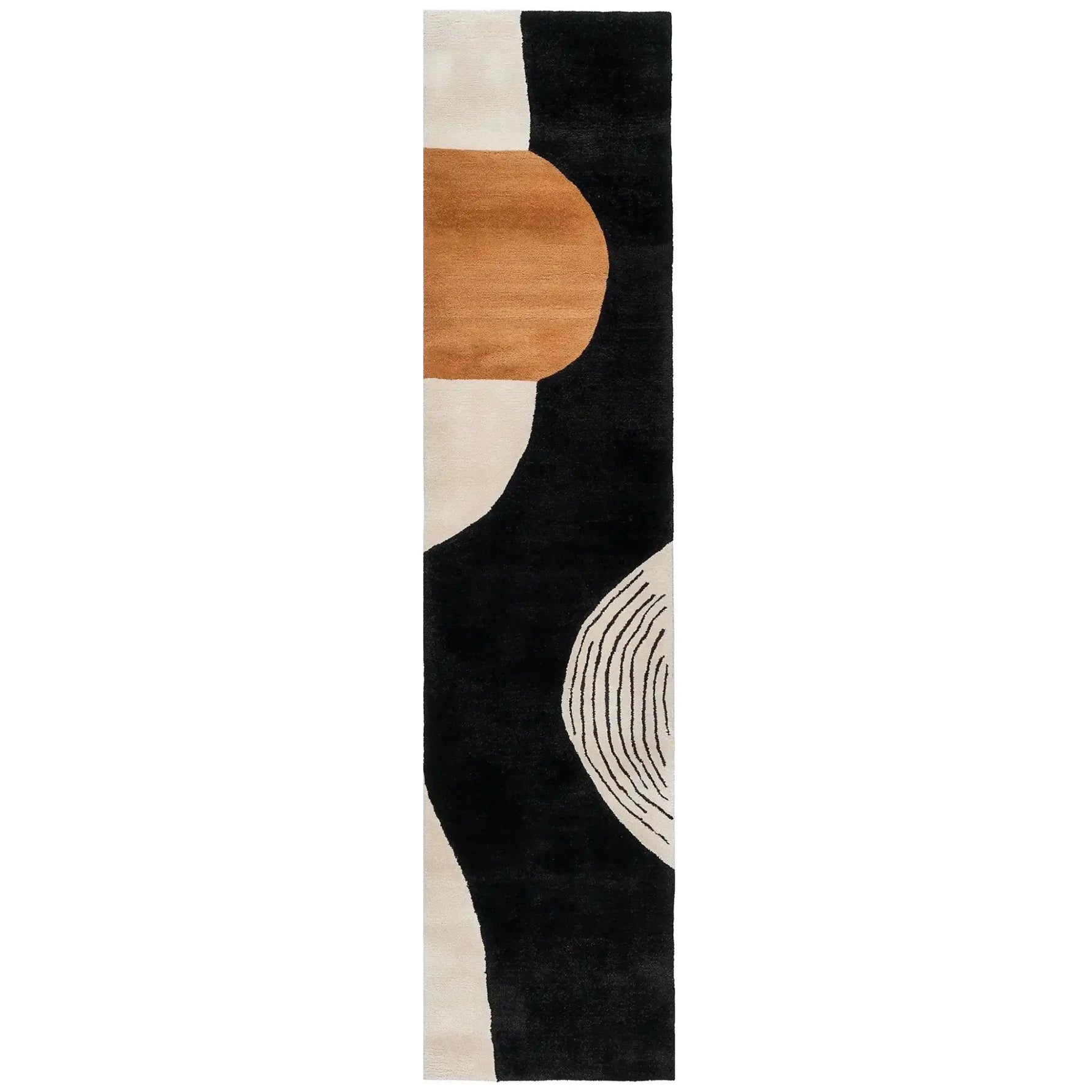 This contemporary hand-tufted wool runner rug, titled 'Bloom Chant', features an abstract design with bold black, white, and earthy tones. Perfect as a hallway runner rug or a stylish addition to kitchen and bathroom spaces, its modern aesthetic seamlessly blends with various decor styles.