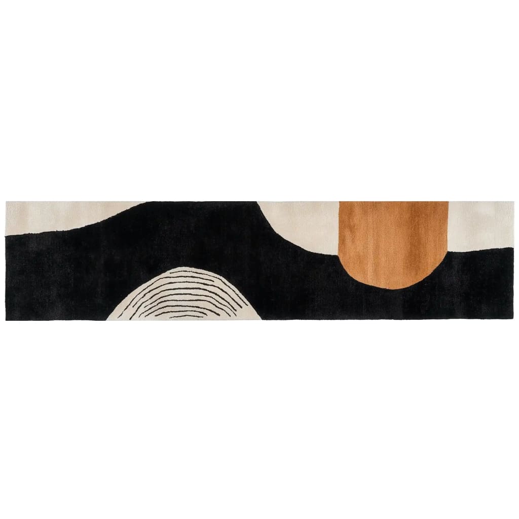 Contemporary runner rug with a modern abstract design, featuring rich black and earthy brown tones, ideal for use as a hallway runner rug or kitchen runner rug. Made from high-quality wool, this hand-tufted wool rug adds a stylish touch to any kitchen or bathroom space.