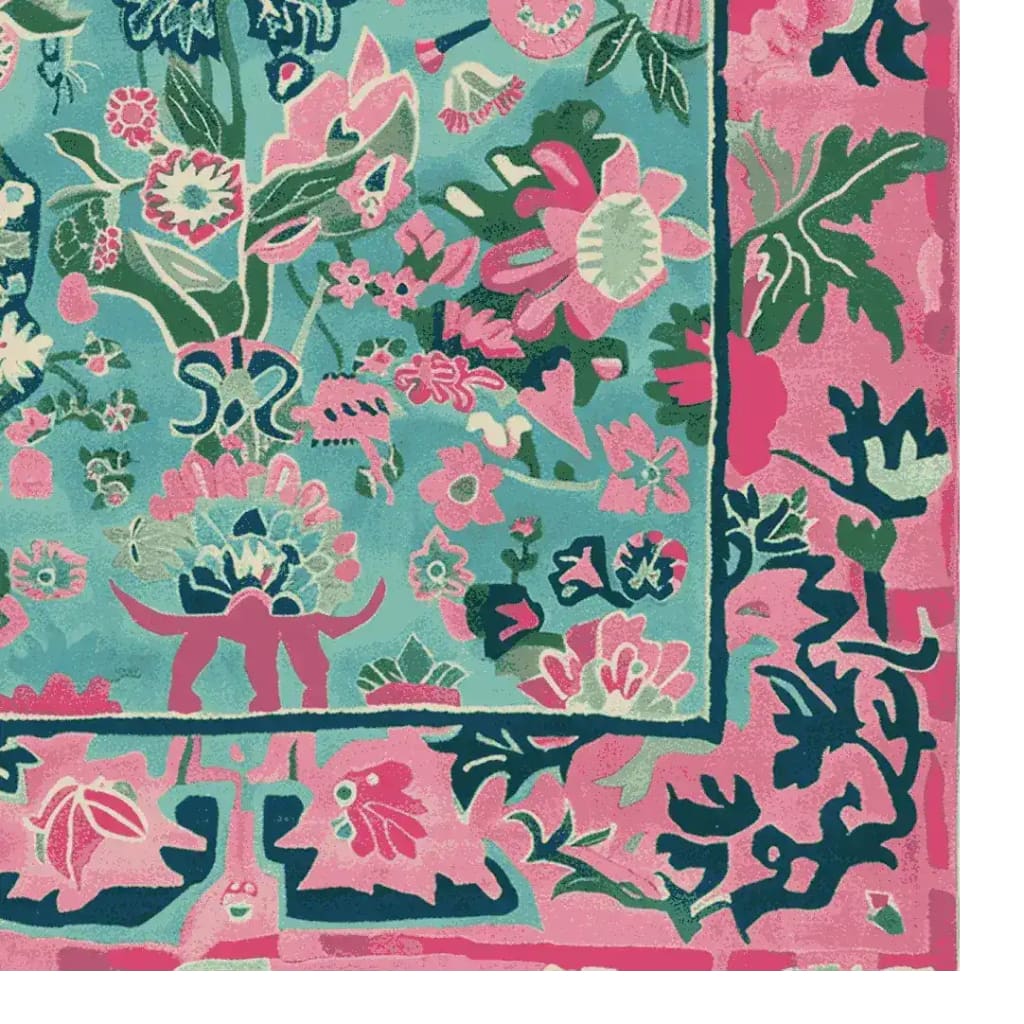 Vibrant hand-tufted wool area rug featuring an abstract floral design in pink, green, and blue hues. Perfect as a square area rug for large living rooms, adding a touch of elegance and color. Ideal for those seeking unique living room area rugs.