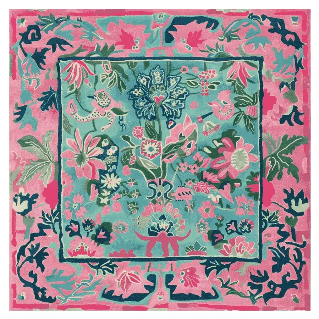 Vibrant hand-tufted square area rug featuring a lively floral pattern with pink and blue hues, perfect for enhancing large living room spaces. This wool rug adds a touch of elegance and harmony to any decor, making it an ideal choice for those seeking stylish living room area rugs.