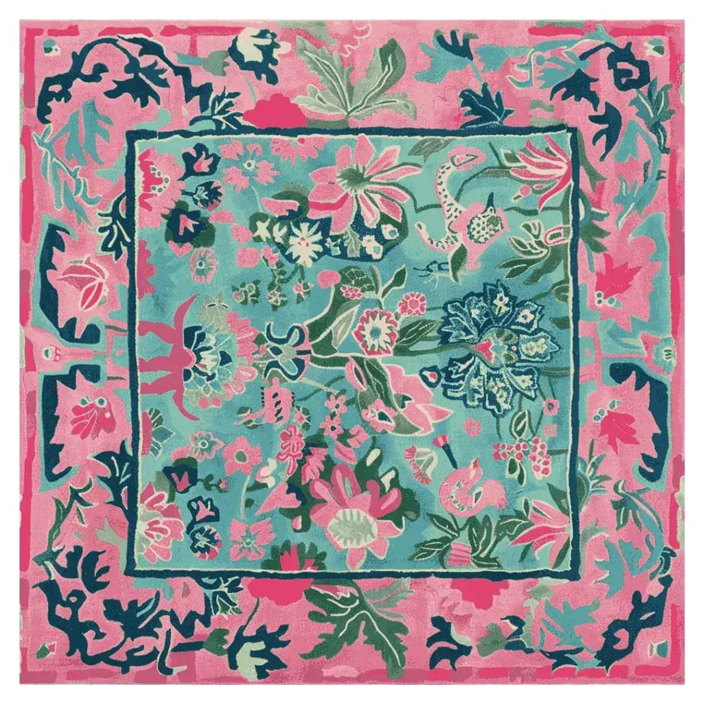Vibrant Bloom in Harmony Hand Tufted Area Rug featuring a colorful floral design. This square wool rug is perfect for adding a splash of color to large living room spaces, showcasing intricate botanical patterns in shades of pink, teal, and navy.