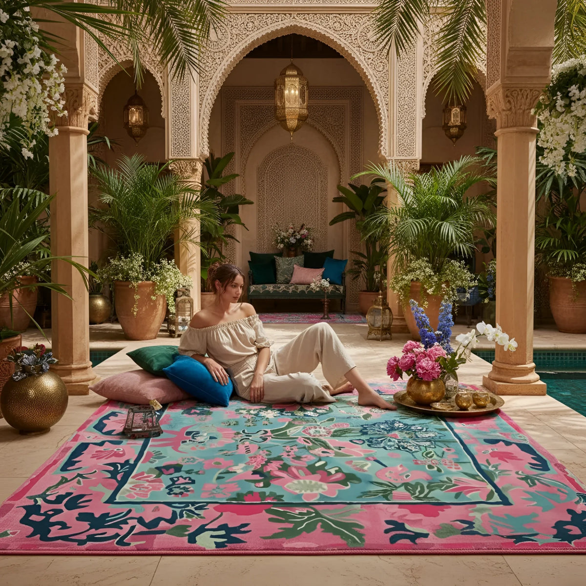 Woman sitting on a colorful rug in a decorative indoor setting with plants and flowers.