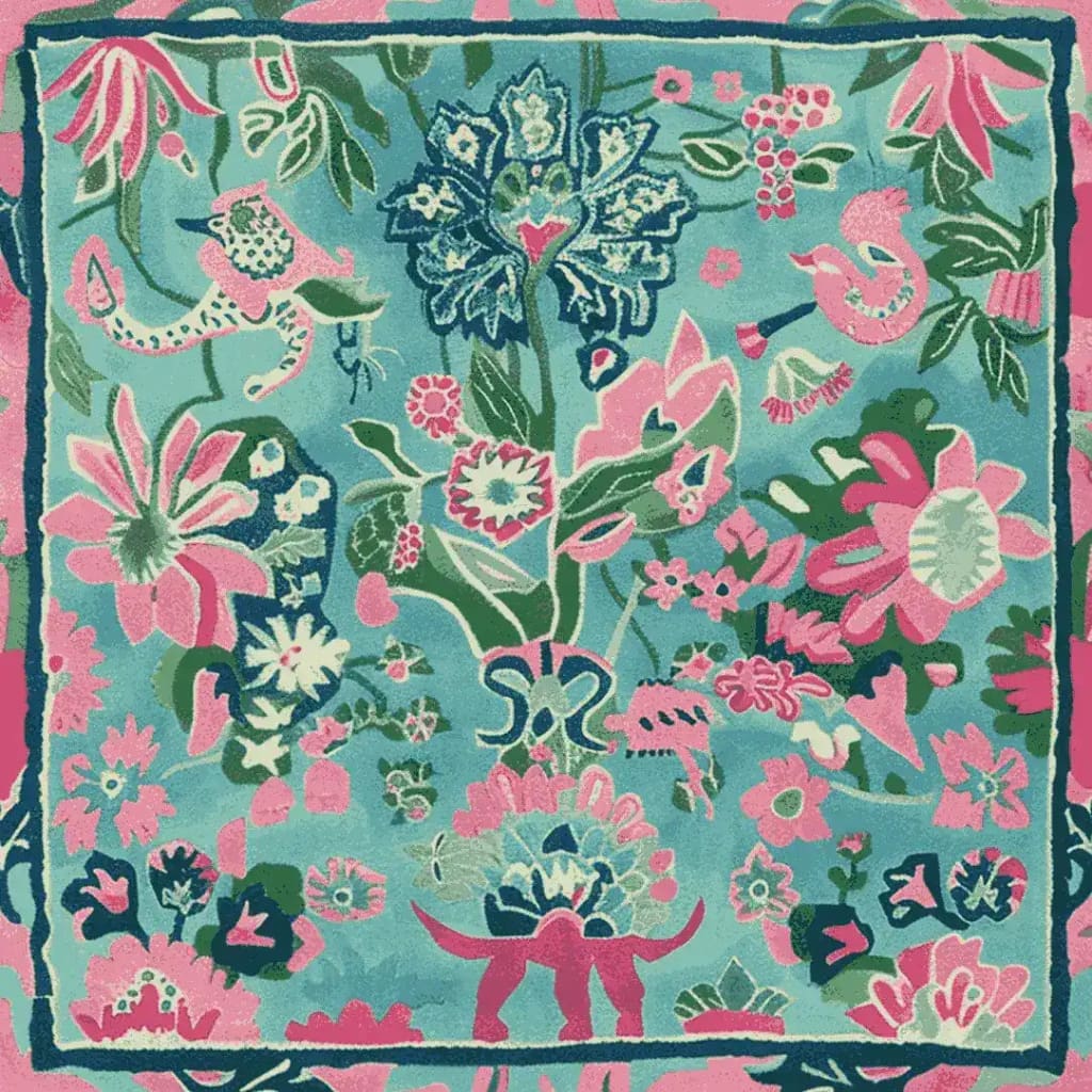 This vibrant hand-tufted wool area rug features a harmonious floral design in pink and blue tones, perfect for adding a splash of color to large living rooms. Ideal for those seeking a square area rug that merges art with functionality, this piece serves as a stunning centerpiece for any space.