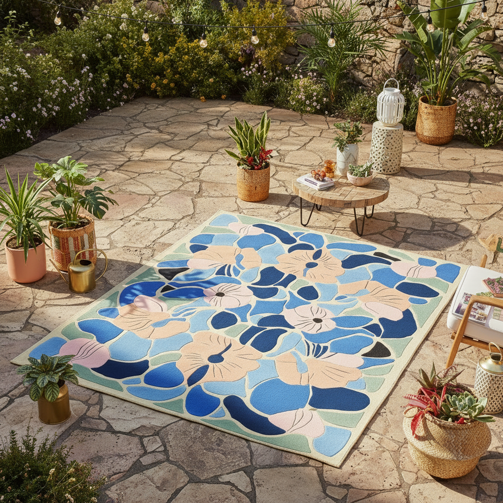 Floral patterned rug on a stone patio with plants and a small table.