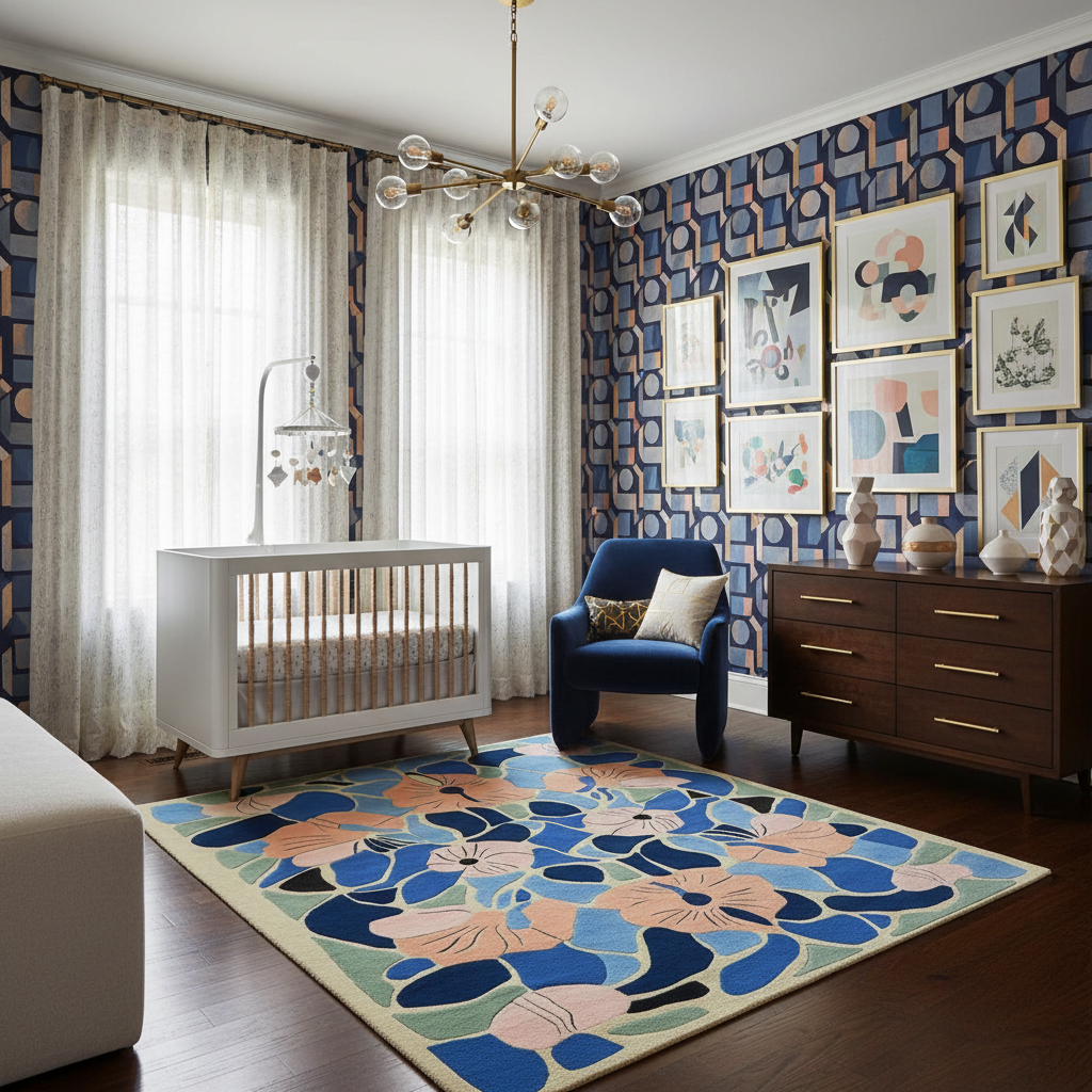 Modern nursery with blue and pink floral rug, white crib, and patterned walls.