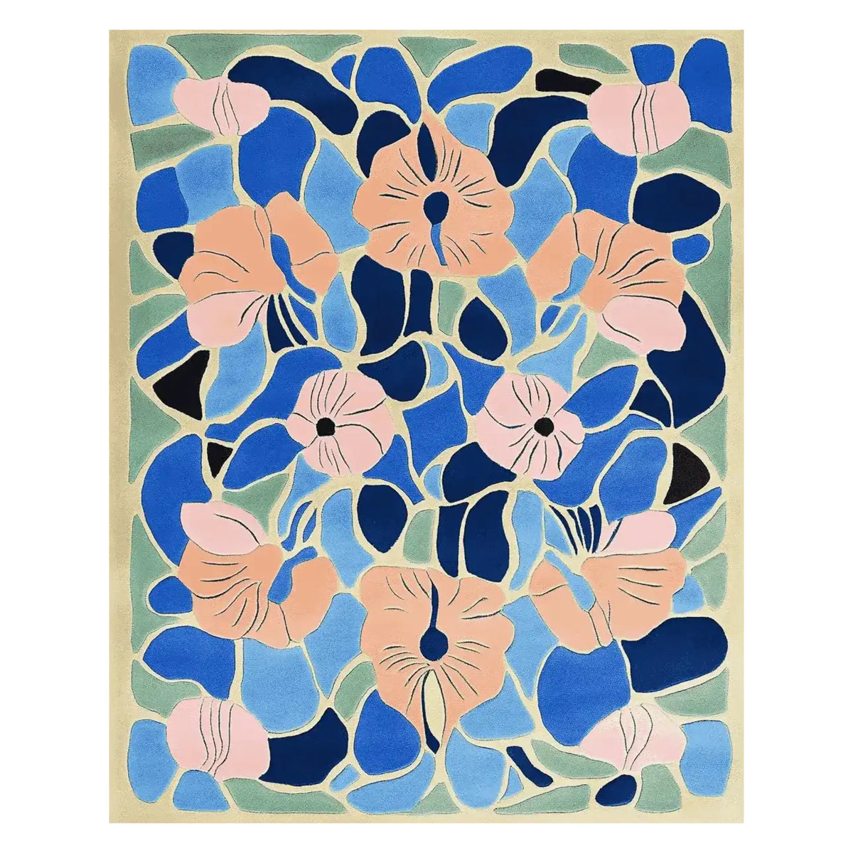 Vibrant area rug showcasing a garden-themed mosaic design with blue and peach floral patterns, perfect for adding a touch of nature to your home decor.