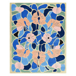 Vibrant area rug showcasing a garden-themed mosaic design with blue and peach floral patterns, perfect for adding a touch of nature to your home decor.