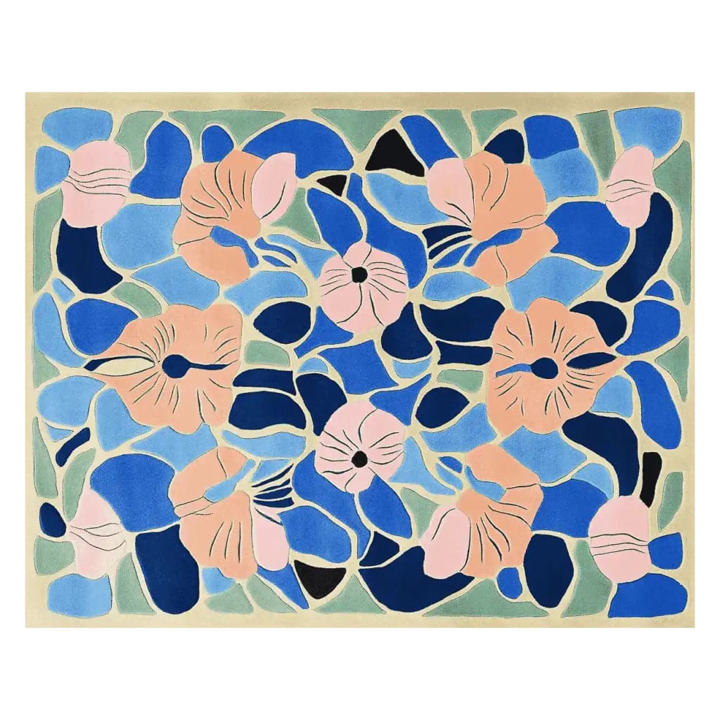 Vibrant Bloom Mosaic Garden Hand Tufted Area Rug featuring an abstract floral pattern in shades of blue, pink, and orange. The intricate design adds a touch of elegance and modernity, perfect for enhancing any living space.
