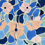 Vibrant hand-tufted Bloom Mosaic Garden area rug featuring abstract floral patterns in shades of blue, peach, and light pink, offering a modern and artistic touch to any living space.