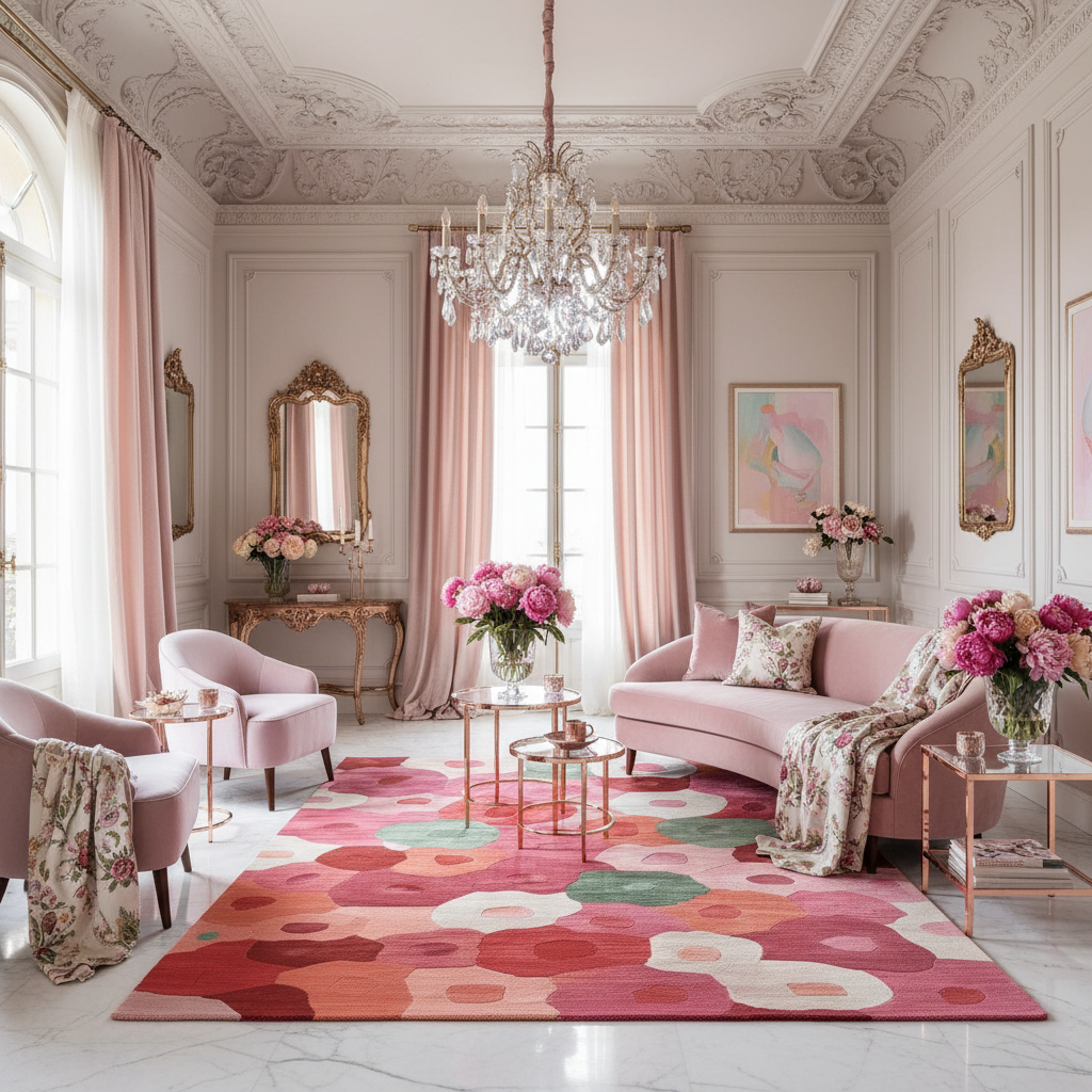 Luxurious living room with pink decor, a contemporary floral hand-tufted wool rug, floral arrangements, and a chandelier.