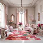 Luxurious living room with pink decor, a contemporary floral hand-tufted wool rug, floral arrangements, and a chandelier.