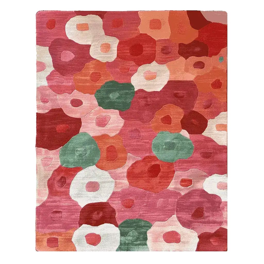 Vibrant Bloom Pop Garden Hand Tufted Area Rug featuring a colorful abstract floral pattern in shades of red, pink, and green. This contemporary rug, made from high-quality wool, is perfect for adding a pop of color to your living room. Ideal for living room rugs 8x10, this piece combines style and comfort effortlessly.