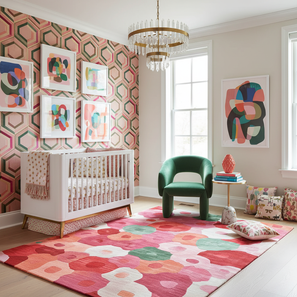 Modern nursery with colorful abstract art, a floral rug, and a green chair.