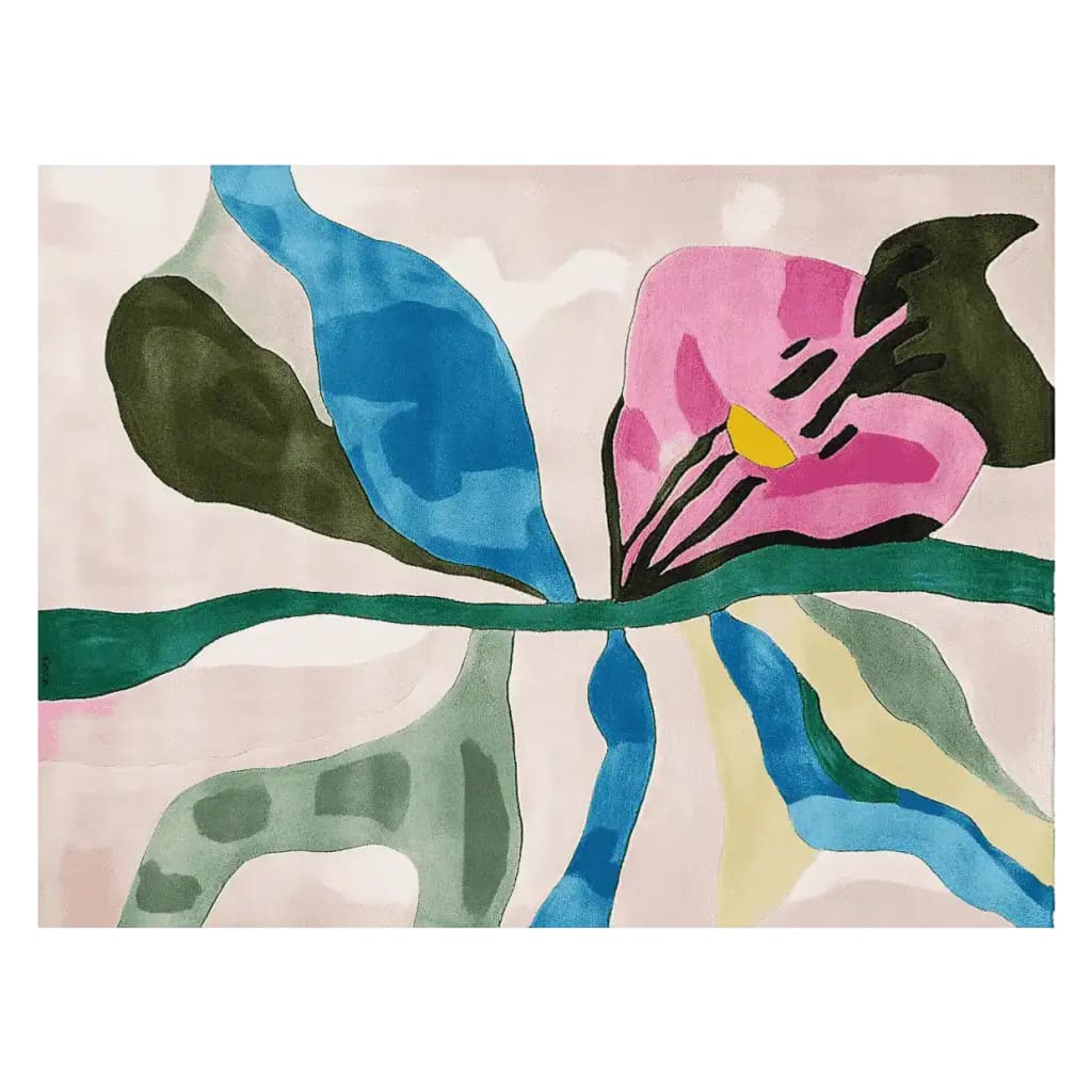 A vibrant abstract area rug featuring a contemporary design with bold colors including blue, pink, and green. This hand-tufted wool rug is ideal for adding a splash of color to modern living rooms, perfectly sized for an 8x10 space.