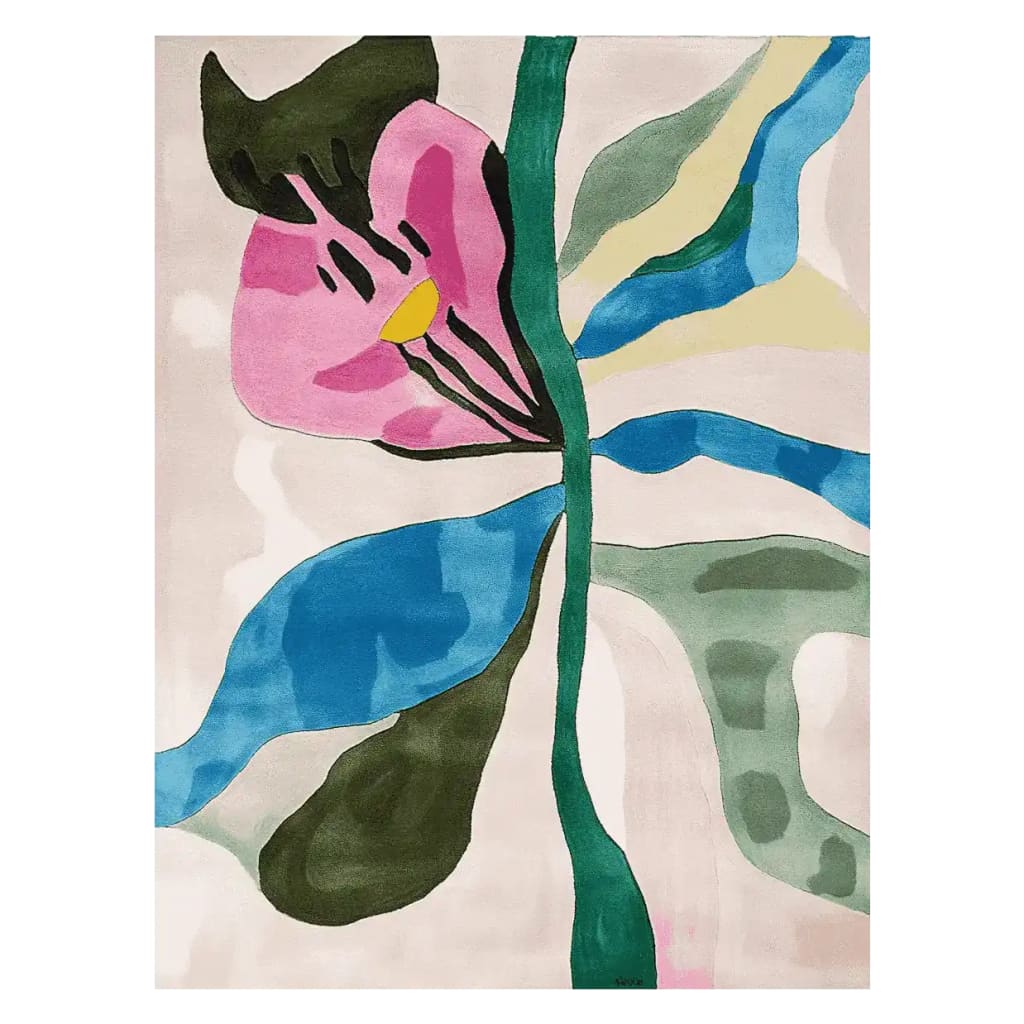 A vibrant and contemporary hand tufted area rug featuring an abstract floral design with bold pink, blue, and green hues. Perfect for adding a touch of modern elegance to your living room, this 8x10 wool rug is a standout choice for those seeking stylish rugs for living room spaces.