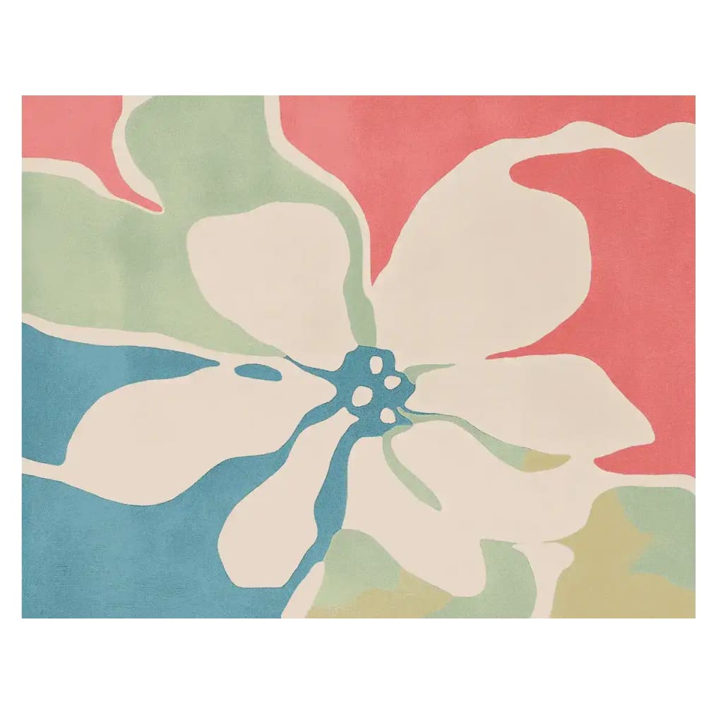 A vibrant Bloom Tide Light Hand Tufted Area Rug featuring an abstract floral design with bold patches of coral, blue, green, and cream. This contemporary wool rug is perfect for large living rooms, adding a splash of color and style to any space.