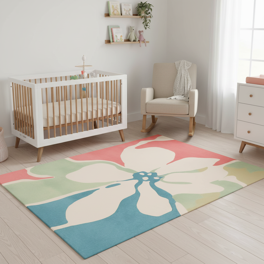 Nursery room with a colorful rug, crib, and rocking chair.