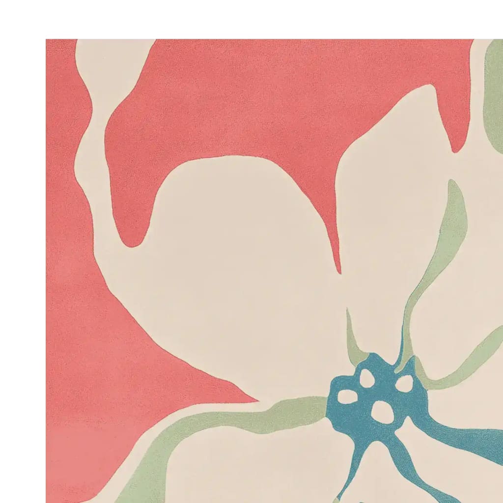A close-up view of the Bloom Tide Light Hand Tufted Rug showcasing an abstract floral design in soft pink, cream, and green hues. This contemporary wool area rug is perfect for large living rooms, adding a vibrant and artistic touch to any space.