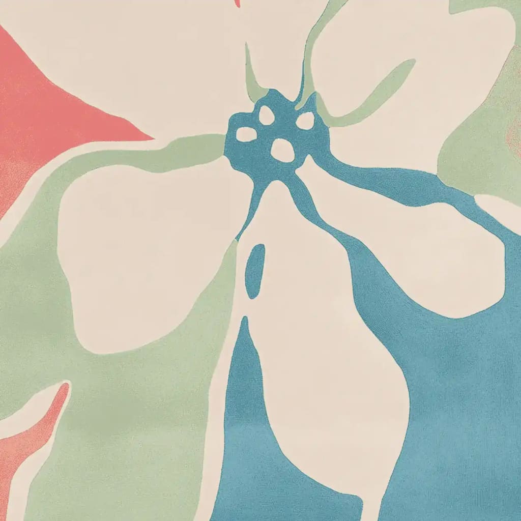 Top view of the Bloom Tide Light Hand Tufted Area Rug featuring an elegant abstract floral design with soft pastel colors, ideal for large living rooms. This contemporary wool rug adds a touch of sophistication to any area, making it perfect for those seeking stylish area rugs for living rooms.