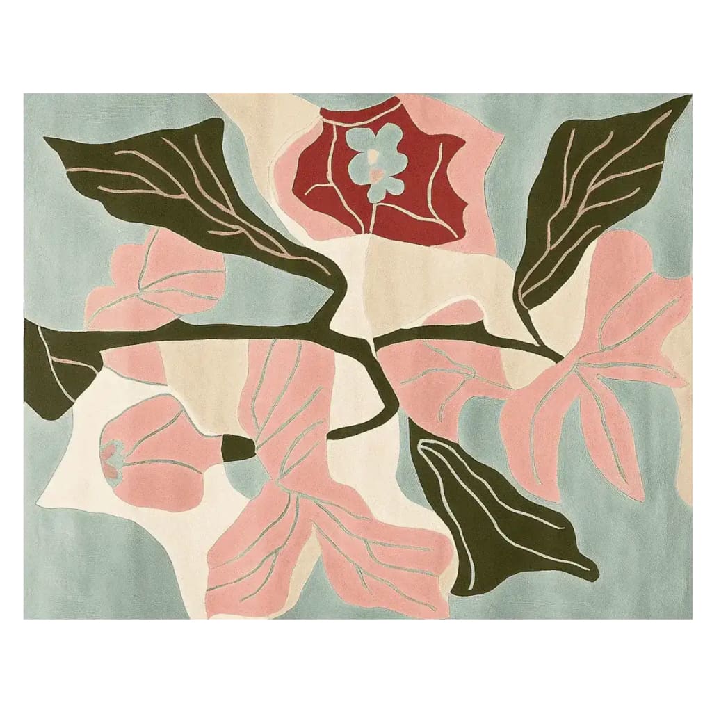 Contemporary wool area rug with an abstract floral design, featuring soft pastel colors, ideal for adding elegance to living room spaces. Perfect for those seeking unique living room area rugs and stylish rugs for living room décor.