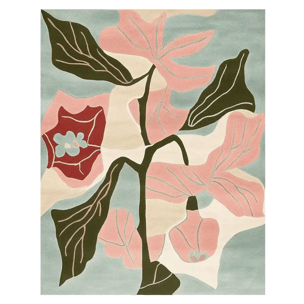The Bloom Unstructured Hand Tufted Area Rug features a striking abstract floral design with soft pastel pink and green hues, ideal for adding a contemporary touch to living room area rugs. This wool rug combines elegance and modern style, making it a perfect choice for rugs for living room spaces.