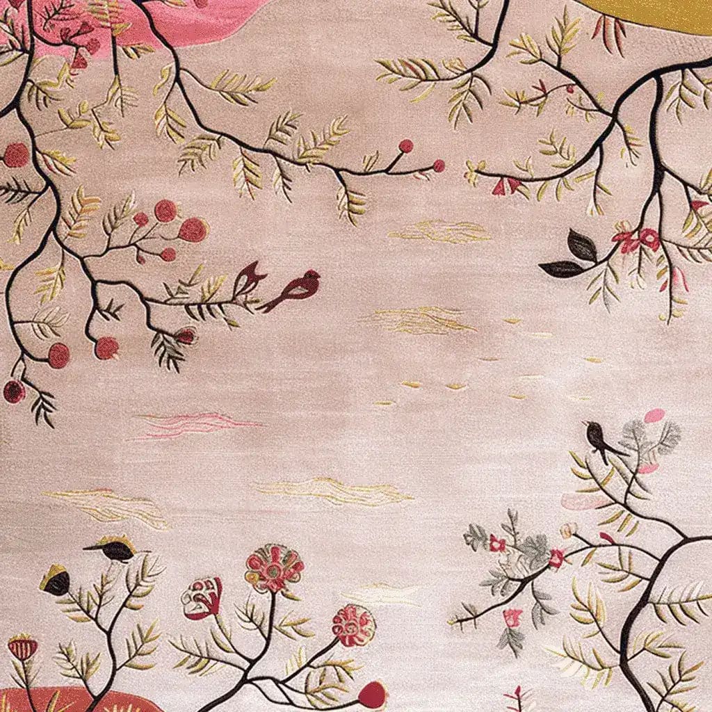 This beautiful area rug features an intricate floral design with delicate branches and blossoms in soft, earthy tones. Perfect for enhancing large living rooms, this hand-tufted wool rug adds a touch of elegance and warmth to any space. Ideal for those seeking a stylish floral rug for their living room area.