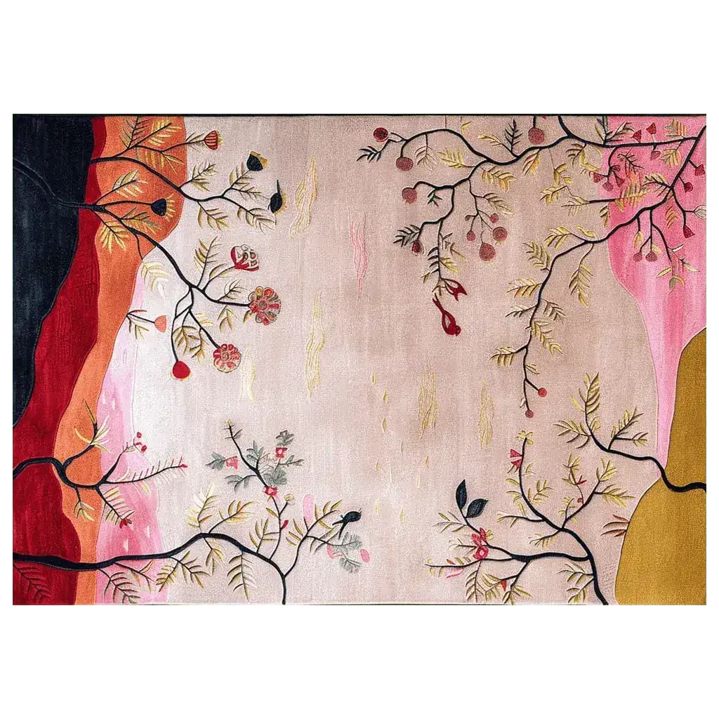 Elegant Bloomed Terrain Hand Tufted Area Rug featuring a vibrant floral design with branches and blossoms in rich colors, ideal for enhancing large living rooms. This wool rug brings a touch of nature indoors, perfect for those seeking unique living room area rugs.