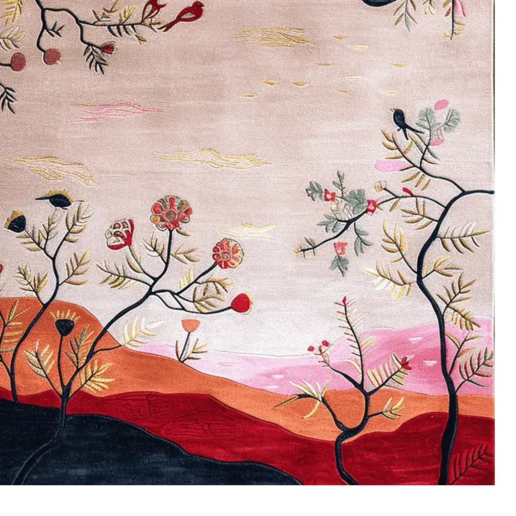 A beautifully detailed area rug featuring a floral design with abstract branches and blossoms. The hand-tufted wool rug showcases earthy tones with vibrant reds, oranges, and greens, making it an ideal choice for large living room area rugs. Perfect for adding a touch of nature-inspired elegance to your space.