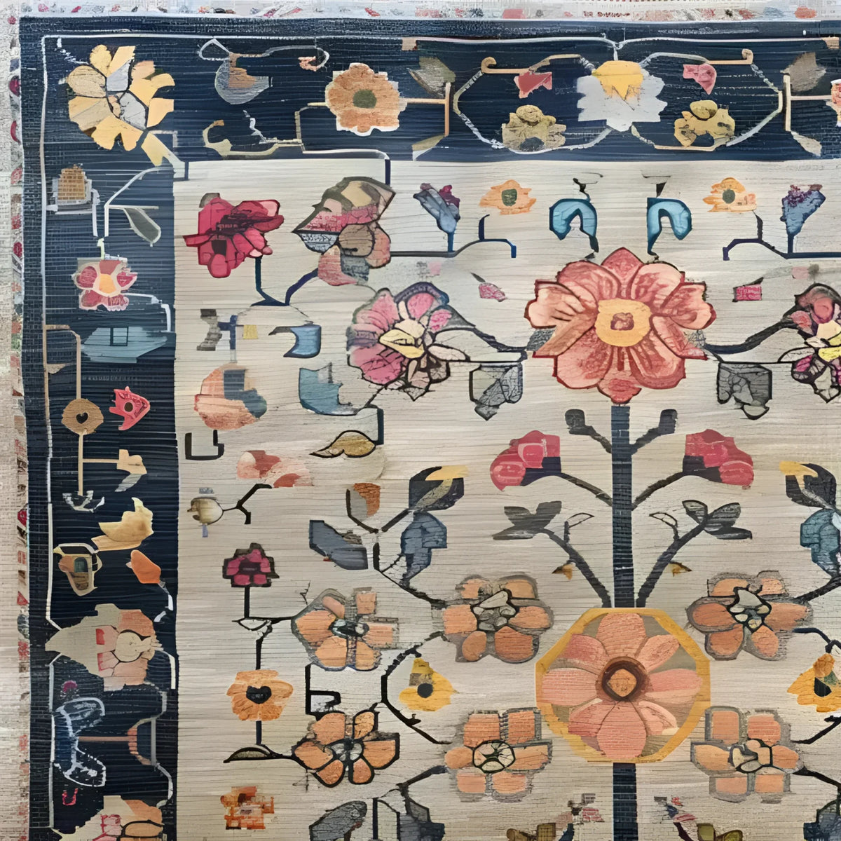 Detailed view of the Blooming Arbor Hand Knotted Area Rug showcasing its intricate floral design, perfect for adding a vintage touch to bedrooms or living rooms. This Persian-inspired rug features vibrant flowers on a soft background, ideal as a centerpiece for living room rugs 8x10 or as a charming addition to any bedroom.