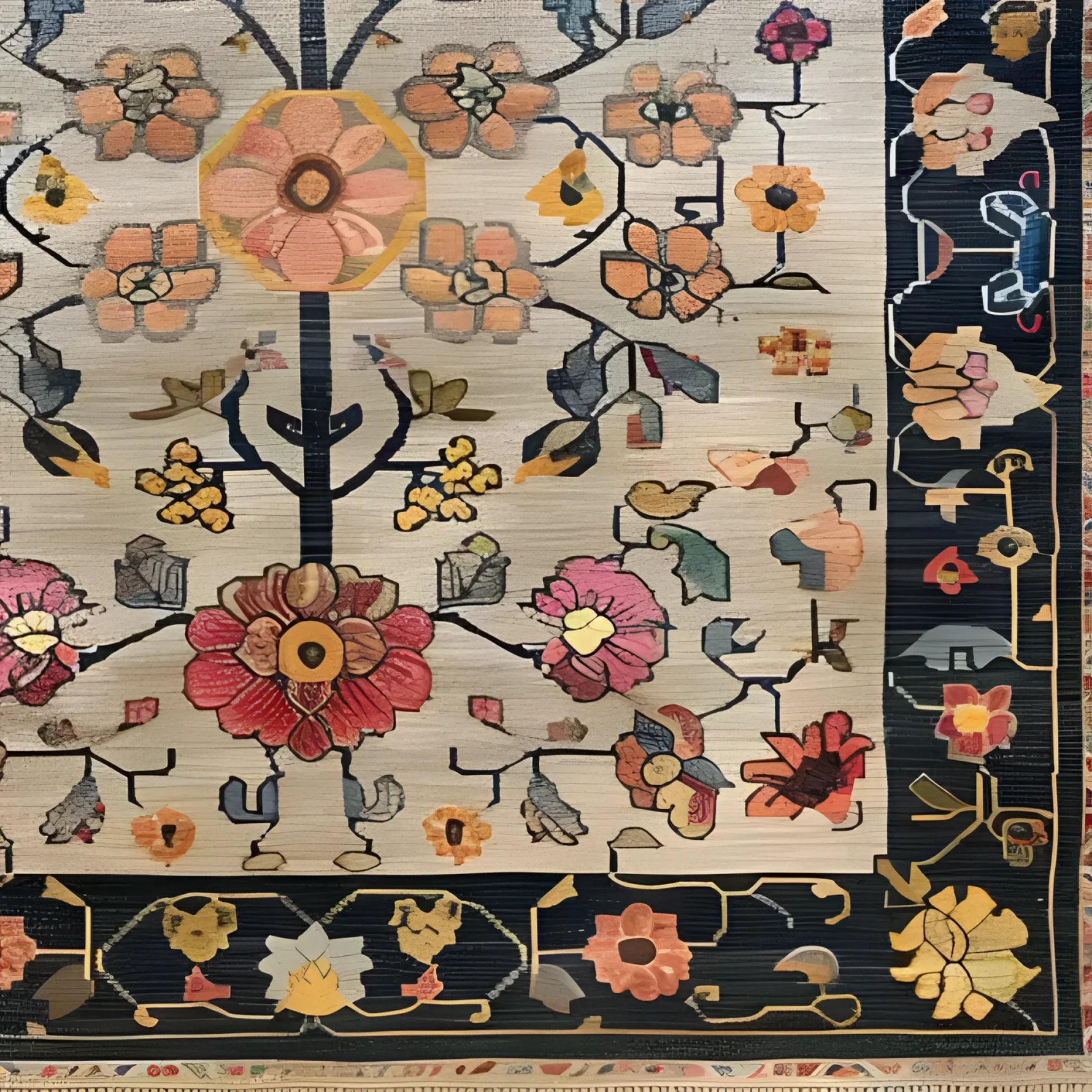 Close-up view of the Blooming Arbor Hand Knotted Area Rug, showcasing a vibrant floral pattern in warm tones, perfect for adding a touch of vintage elegance to your bedroom or living room. This Persian-inspired rug is ideal for those seeking an 8x10 living room rug with a classic, timeless design.