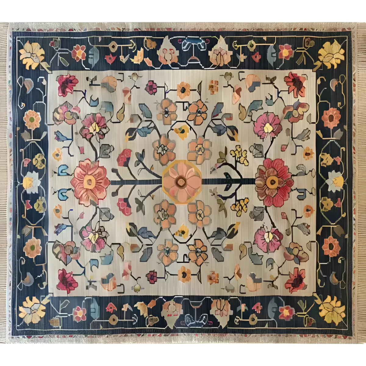 A beautifully designed Blooming Arbor Hand Knotted Area Rug featuring intricate floral patterns in vibrant colors, ideal for bringing a vintage touch to your bedroom or living room decor. This Persian-style rug measures 8x10, making it perfect for any space looking for a classic floral rug style.