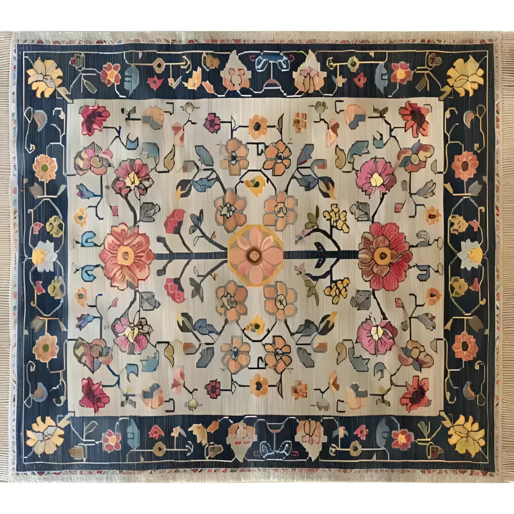 A beautifully designed Blooming Arbor Hand Knotted Area Rug featuring intricate floral patterns in vibrant colors, ideal for bringing a vintage touch to your bedroom or living room decor. This Persian-style rug measures 8x10, making it perfect for any space looking for a classic floral rug style.