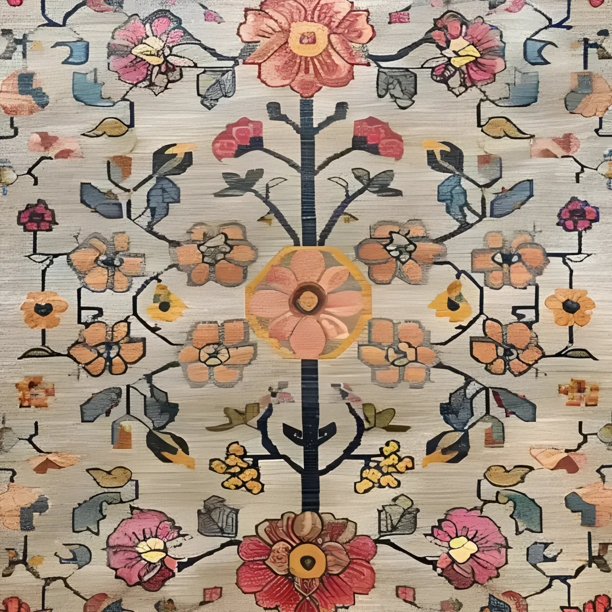 The Blooming Arbor Hand Knotted Area Rug features an intricate floral design with vibrant colors, perfect for adding a touch of elegance to any bedroom or living room. This vintage Persian rug is ideal for those seeking a unique 8x10 living room rug or a charming floral rug for the bedroom.