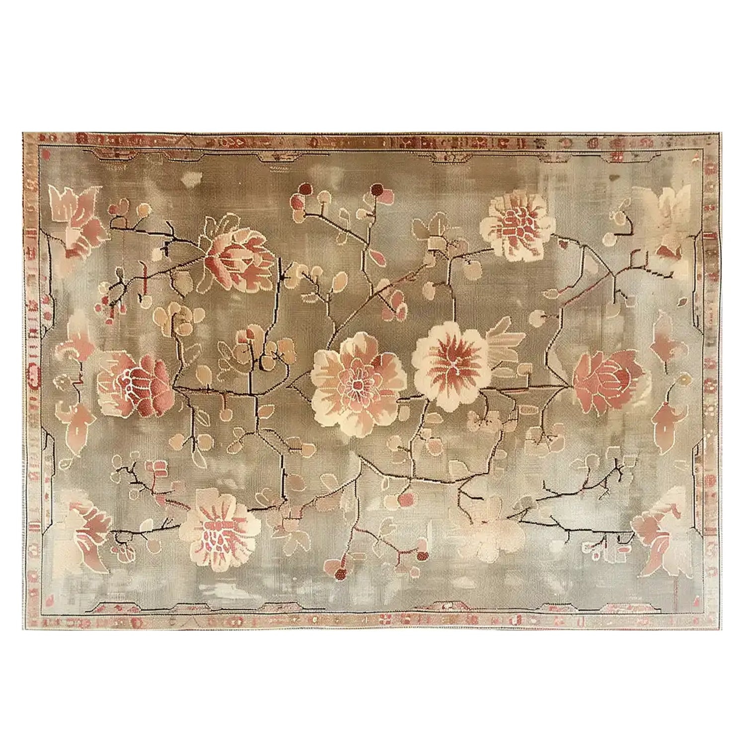 Top view of the Blooming Grace Knotted Wool Area Rug, featuring an elegant floral design with soft pink and beige flowers on a muted background.