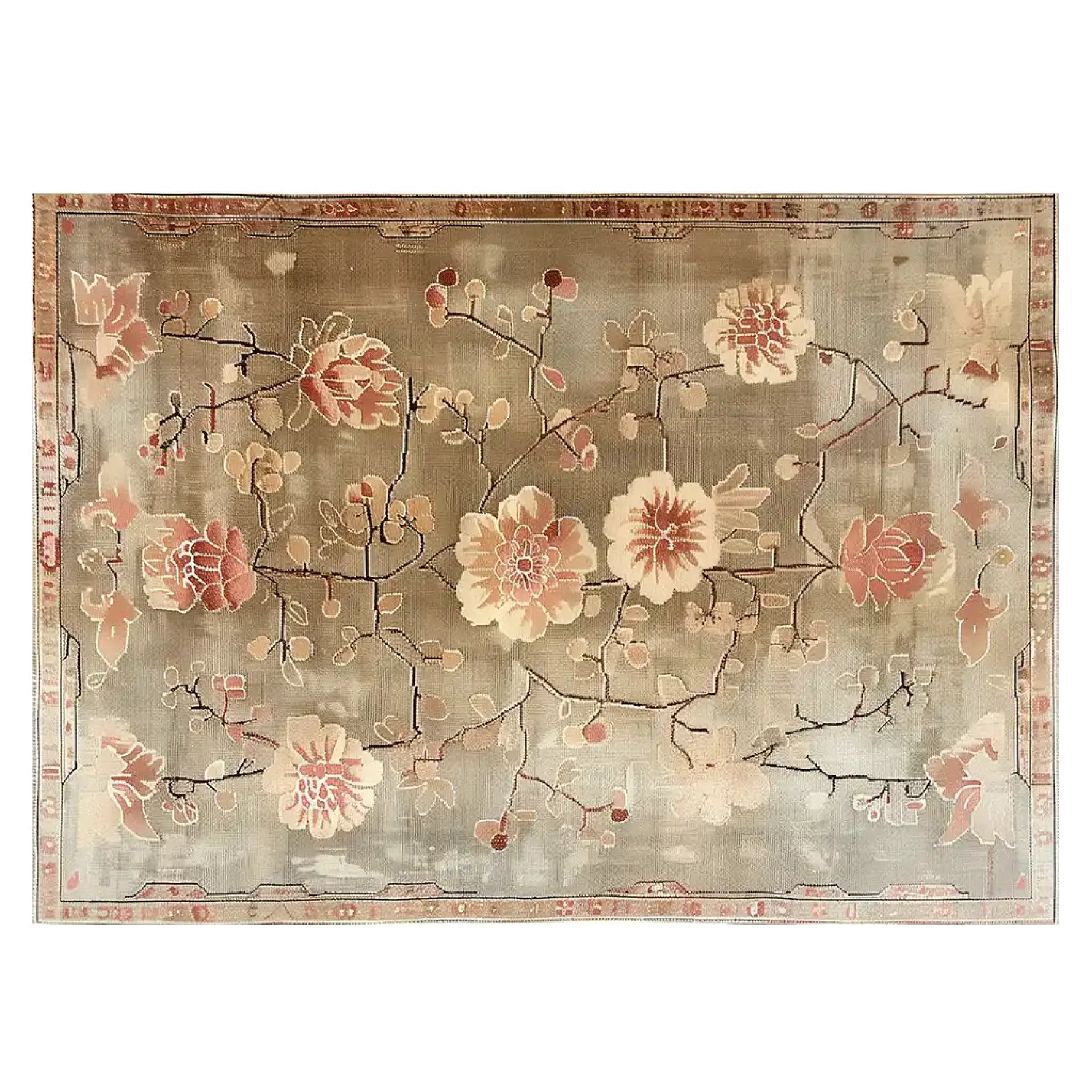 Top view of the Blooming Grace Knotted Wool Area Rug, featuring an elegant floral design with soft pink and beige flowers on a muted background.