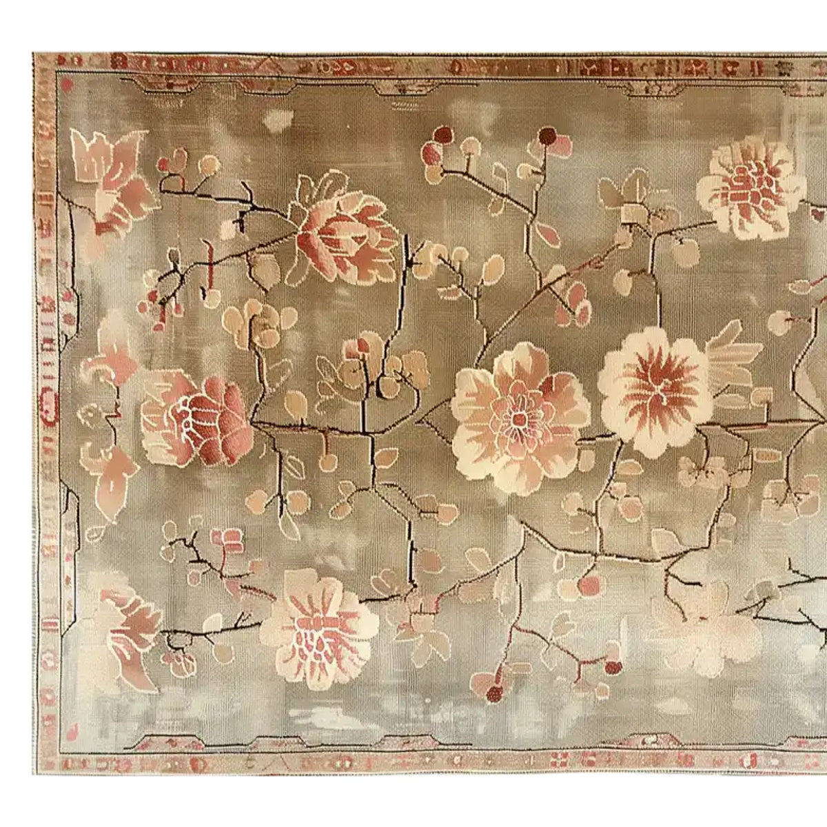 Top view of the Blooming Grace Knotted Wool Rug, showcasing an elegant floral design with soft pink and beige blossoms on a muted background. This area rug adds a touch of sophistication and warmth to any living space.