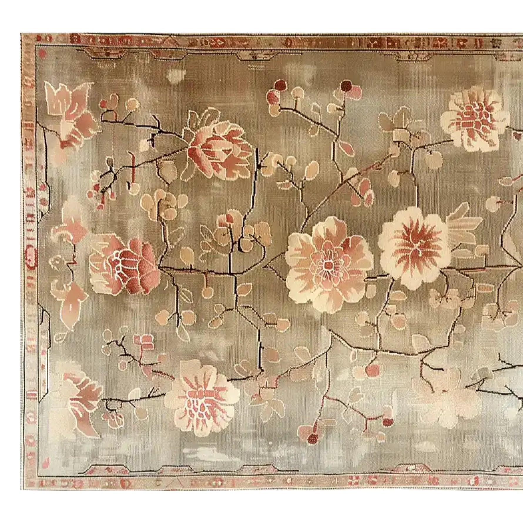 Top view of the Blooming Grace Knotted Wool Rug, showcasing an elegant floral design with soft pink and beige blossoms on a muted background. This area rug adds a touch of sophistication and warmth to any living space.