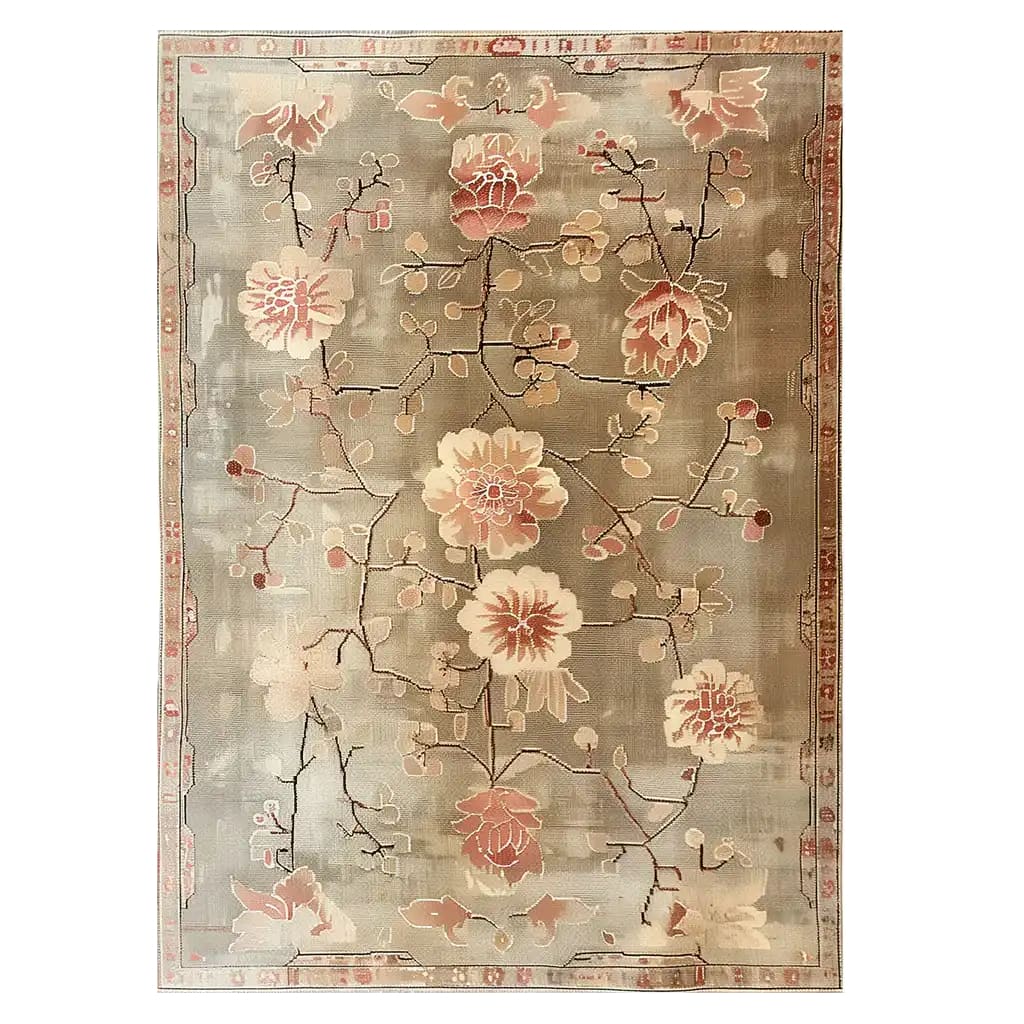 Top view of the Blooming Grace Knotted Wool Rug featuring a beautiful floral design in soft pinks and creams against a neutral gray background. The intricate detailing and elegant patterns make this area rug a stunning centerpiece for any room.